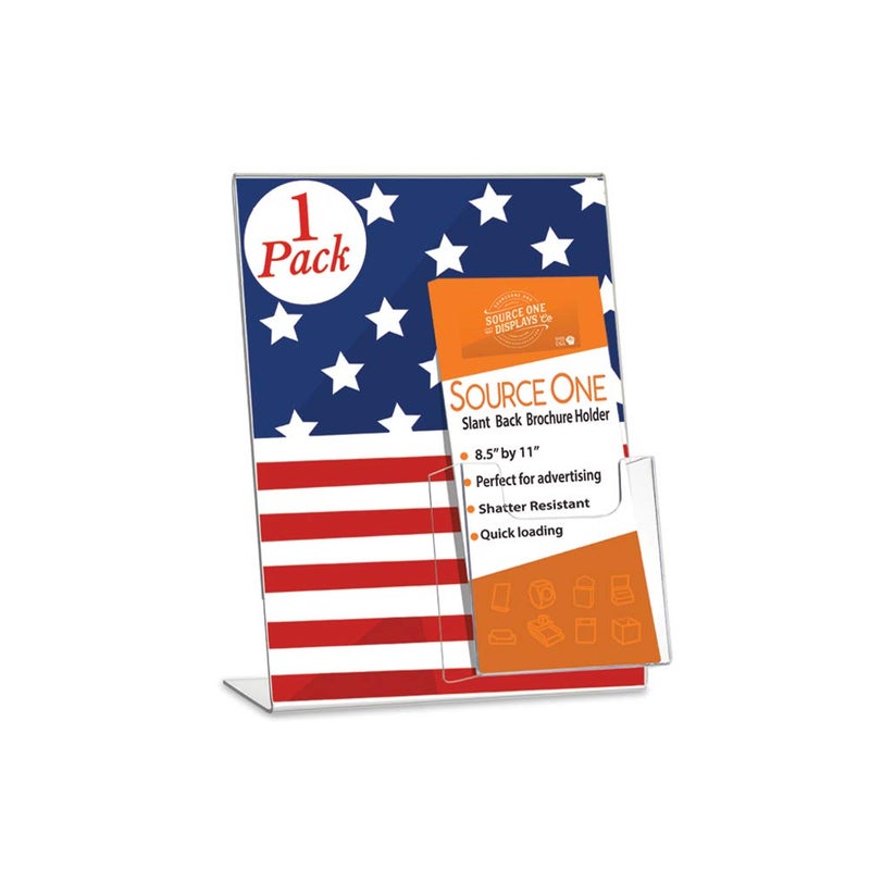 SOURCEONE.ORG Deluxe Clear Acrylic Slant Back Sign Holder Premium 8.5 x 11 Inches with Trifold Brochure Pocket - Image 1